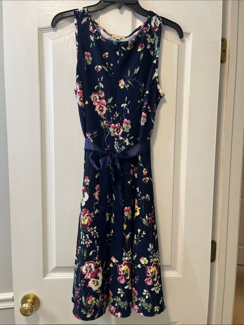 Haani Navy Floral Midi Dress with Satin Tie
